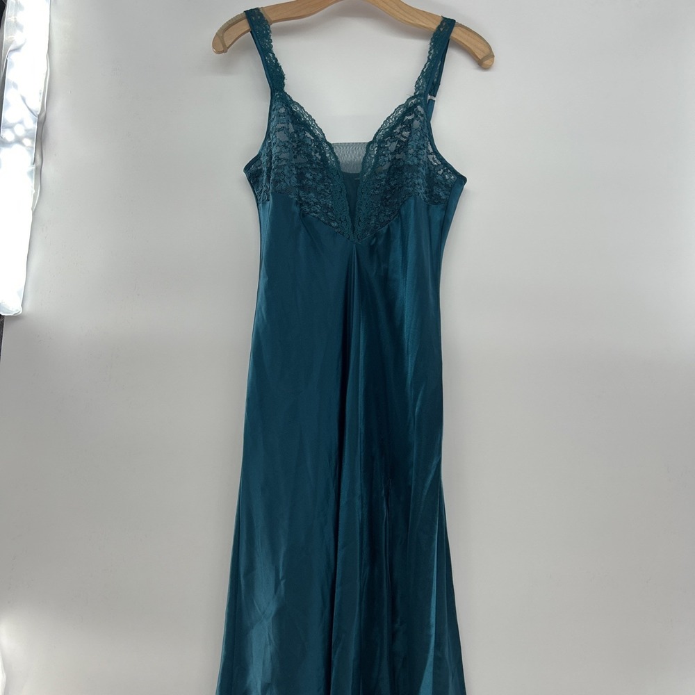 Vintage Womens Victorias Secret Teal Satin Long Maxi Lace Sexy Slip Gown Slit S